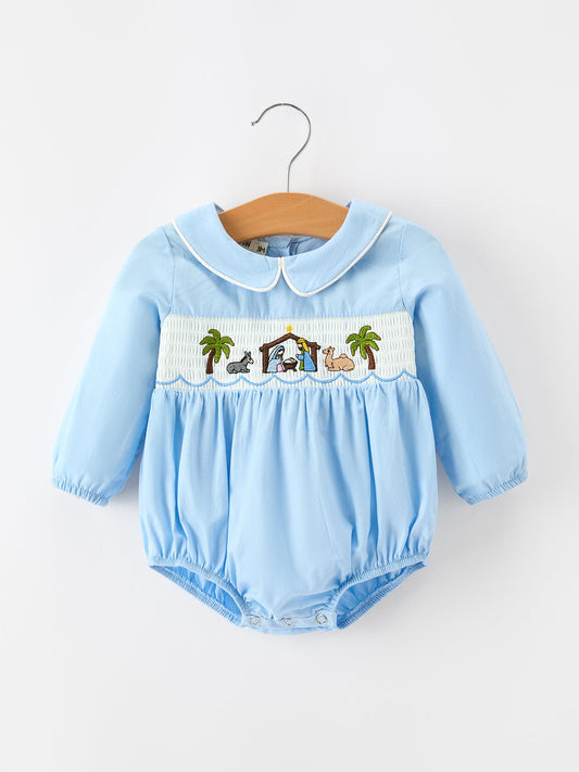 Christmas Nativity Embroidered Baby Boy Blue Smocked Romper -