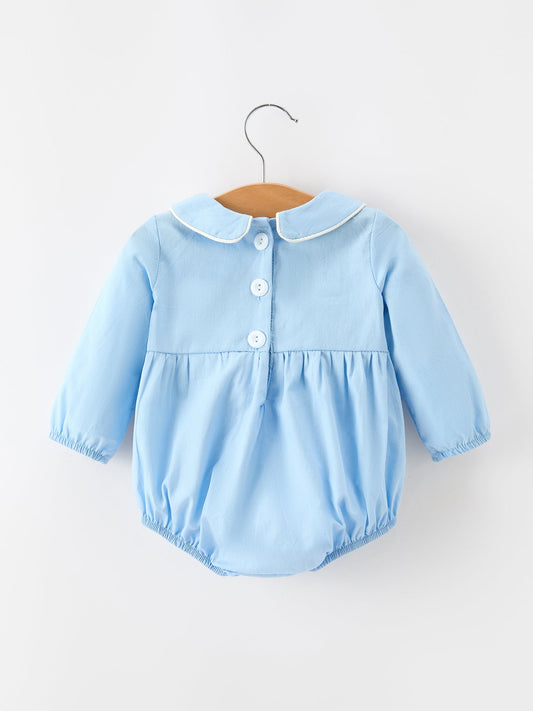 Christmas Nativity Embroidered Baby Boy Blue Smocked Romper -
