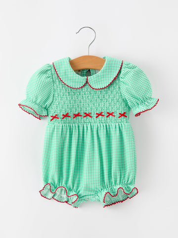 Christmas Girls Green Plaid Smocked Bow Bubble Romper