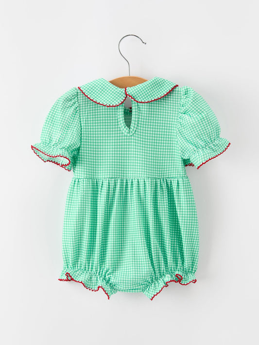 Christmas Girls Green Plaid Smocked Bow Bubble Romper -