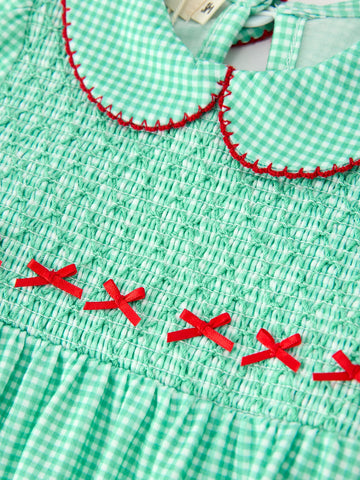 Christmas Girls Green Plaid Smocked Bow Bubble Romper