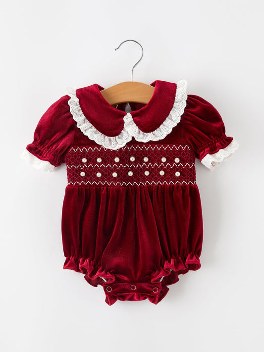 Christmas Burgundy Velvet Baby Girl Smocked Pearl Romper -