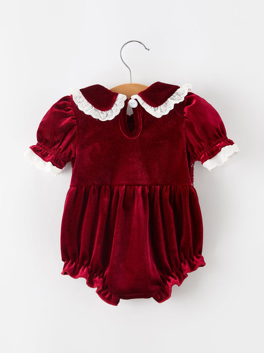 Christmas Burgundy Velvet Baby Girl Smocked Pearl Romper -