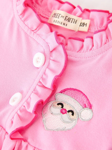 Baby Girls Christmas Santa Embroidered Ruffle Bubble Romper -