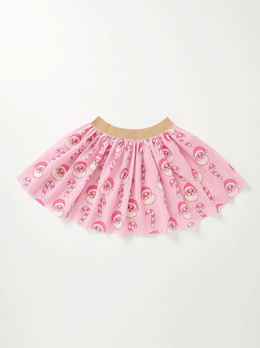 Girls Pink Christmas Santa Candy Cane Print Tutu Skirt -