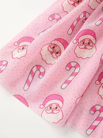 Girls Pink Christmas Santa Candy Cane Print Tutu Skirt -