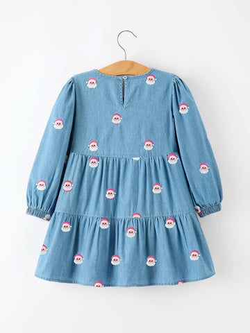 Christmas Santa Embroidered Girls Denim Dress -