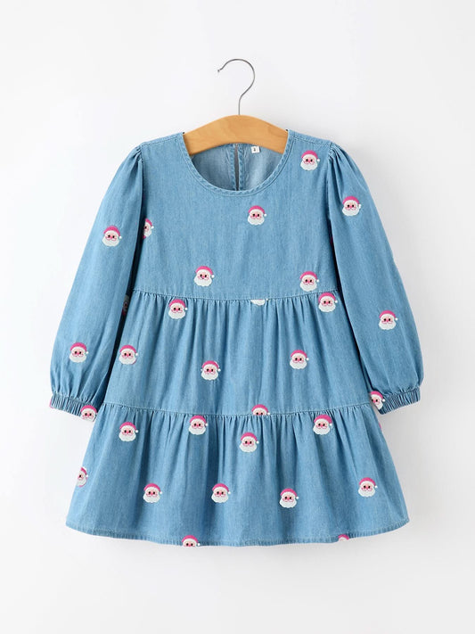 Christmas Santa Embroidered Girls Denim Dress -
