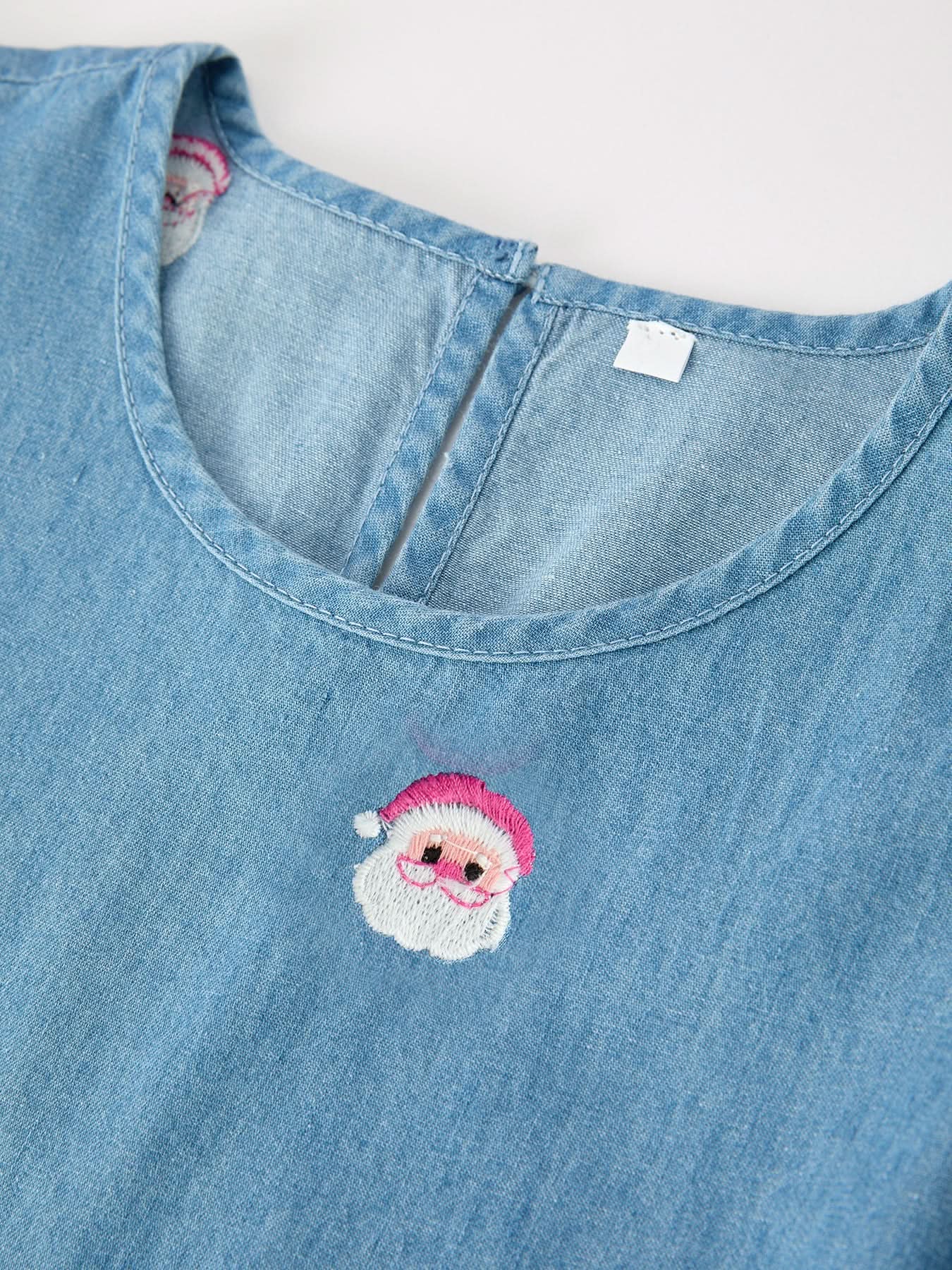 Christmas Santa Embroidered Girls Denim Dress -