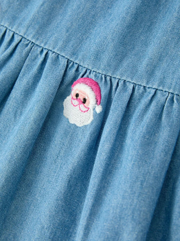 Christmas Santa Embroidered Girls Denim Dress -