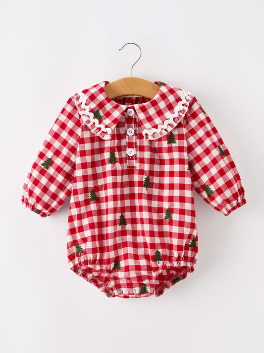 Christmas Tree Embroidered Red Plaid Baby Girls Ruffle Collar Romper -