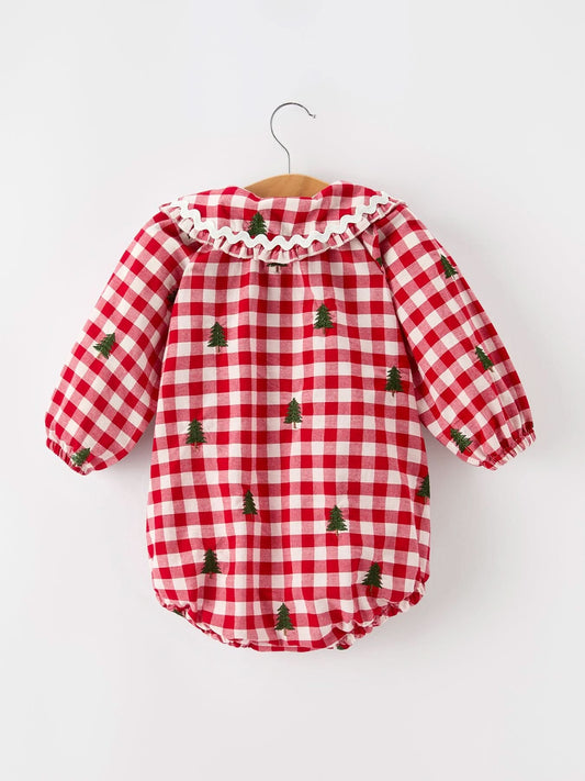 Christmas Tree Embroidered Red Plaid Baby Girls Ruffle Collar Romper -