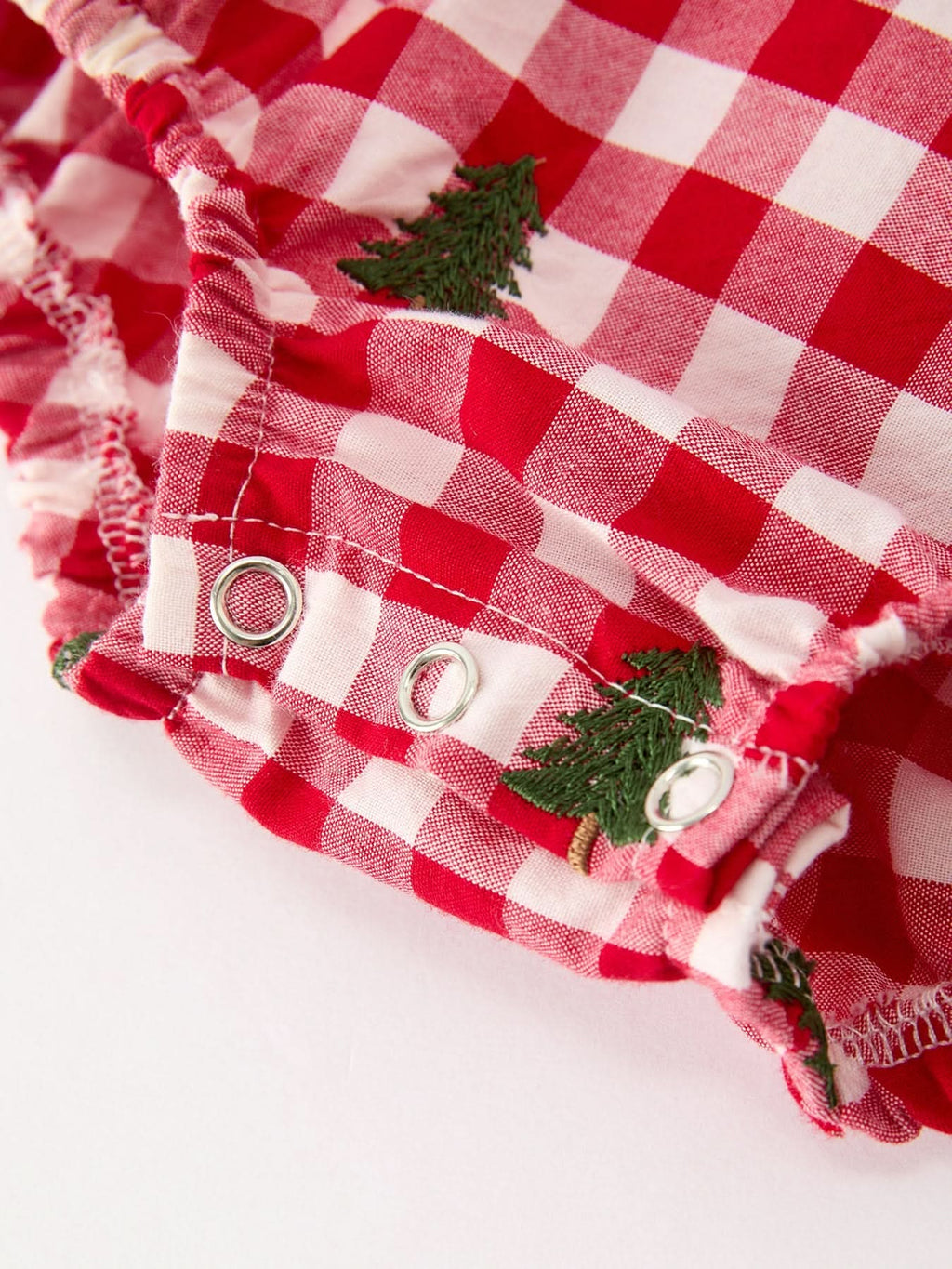 Christmas Tree Embroidered Red Plaid Baby Girls Ruffle Collar Romper -