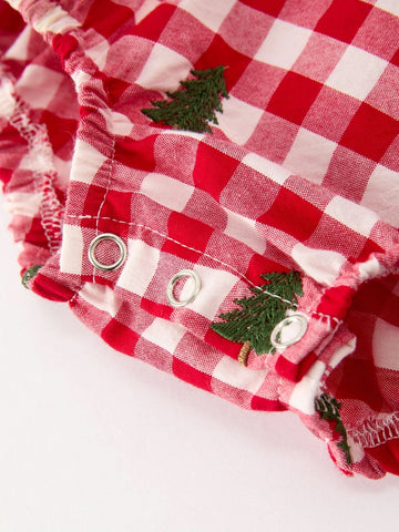 Christmas Tree Embroidered Red Plaid Baby Girls Ruffle Collar Romper -