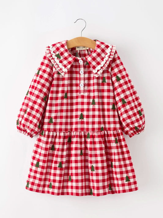 Christmas Tree Embroidered Plaid Girls Ruffle Collar Dress -
