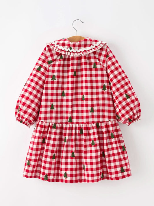 Christmas Tree Embroidered Plaid Girls Ruffle Collar Dress -