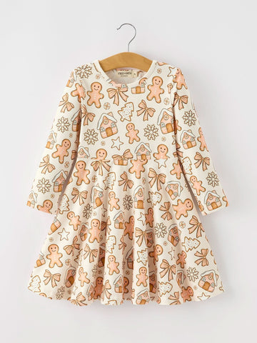 Christmas Gingerbread Cookie Girls Long Sleeve Twirl Dress -