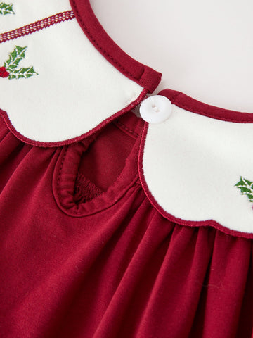 Christmas Holly Embroidered Girls Dress Petals Collar Puff Sleeve