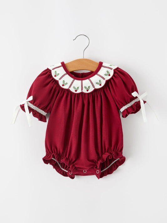 Christmas Holly Embroidered Baby Romper Petals Collar Ruffle -