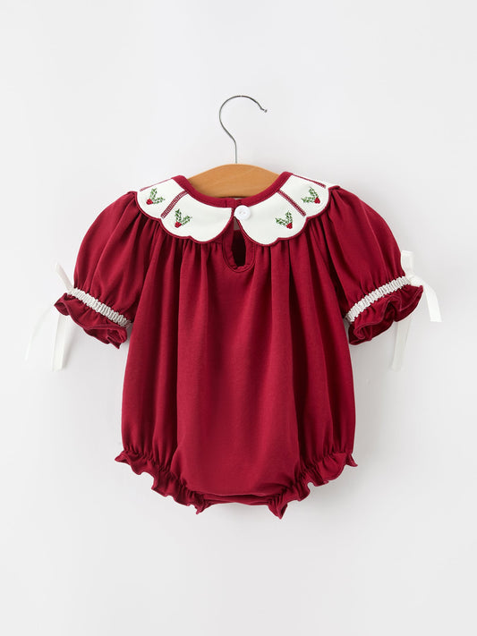 Christmas Holly Embroidered Baby Romper Petals Collar Ruffle -