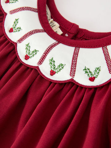 Christmas Holly Embroidered Baby Romper Petals Collar Ruffle
