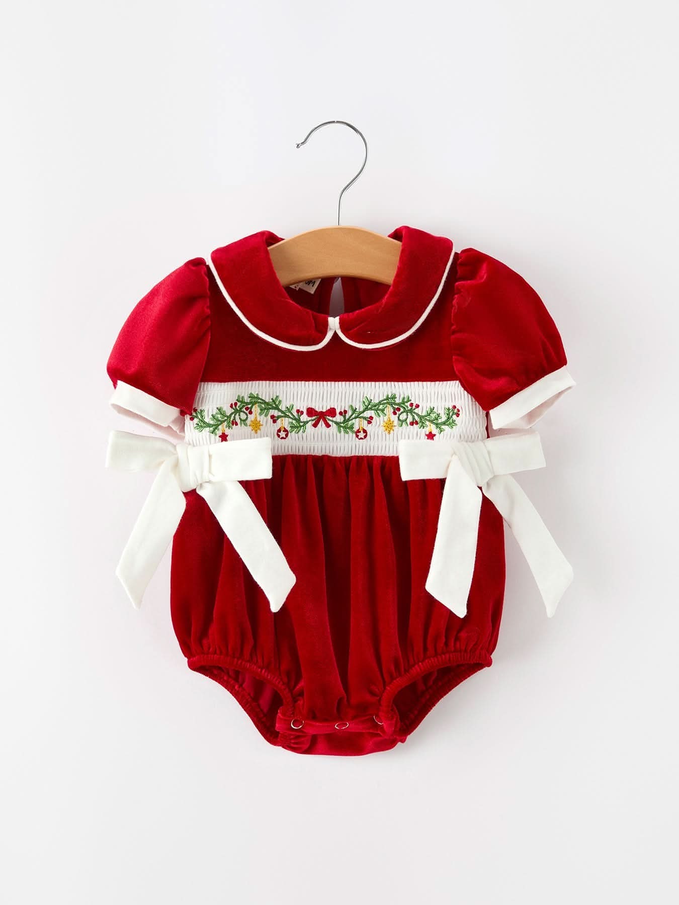 Christmas Velvet Baby Romper Smocked Embroidery Bow -