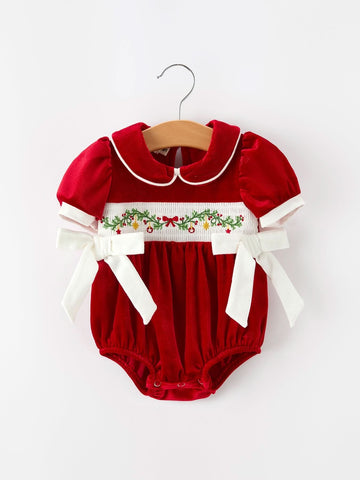 Christmas Velvet Baby Romper Smocked Embroidery Bow -