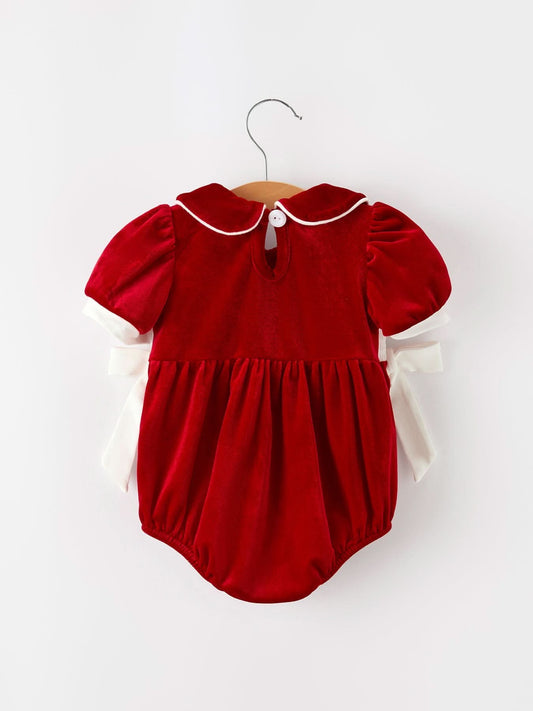 Christmas Velvet Baby Romper Smocked Embroidery Bow -