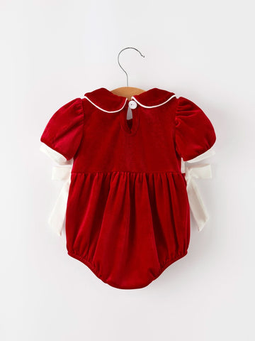 Christmas Velvet Baby Romper Smocked Embroidery Bow -