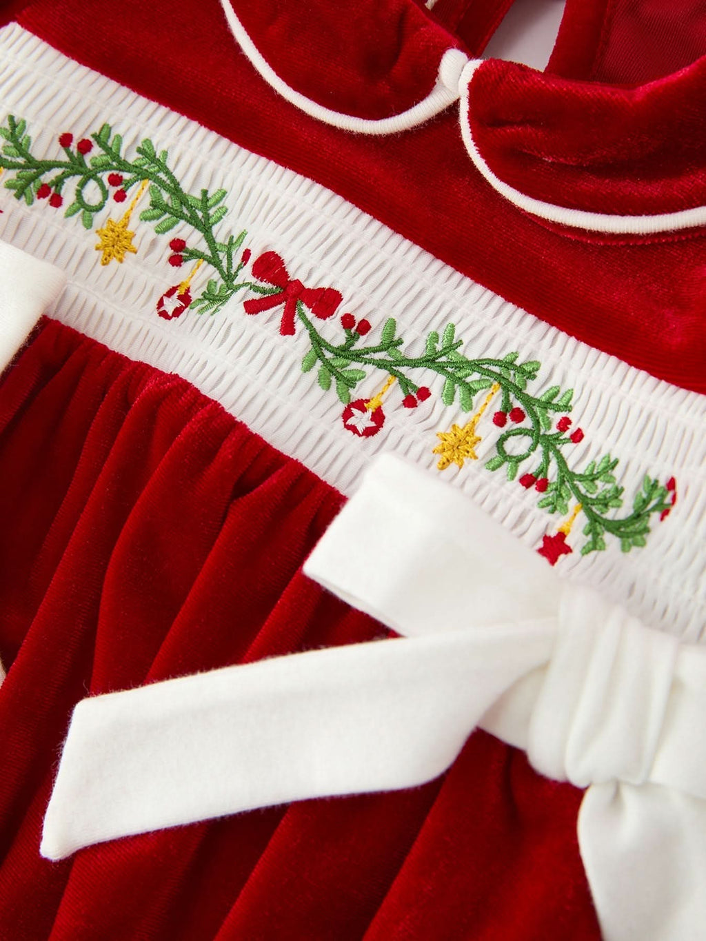 Christmas Velvet Baby Romper Smocked Embroidery Bow -