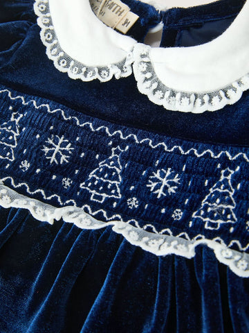 Girls Christmas Navy Velvet Smocked Top And Bloomers Outfit -