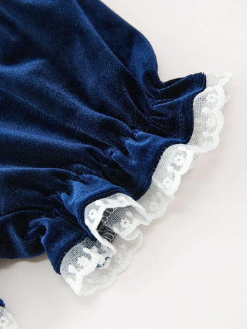 Girls Christmas Navy Velvet Smocked Top And Bloomers Outfit -