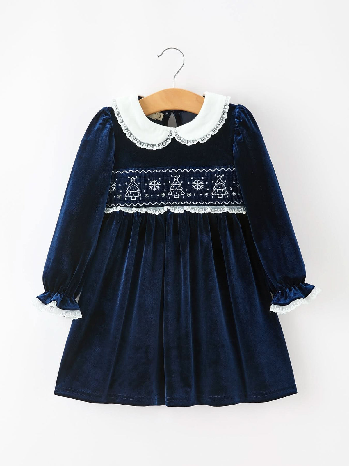 Christmas Tree Girls Navy Velvet Smocked Lace Dress -