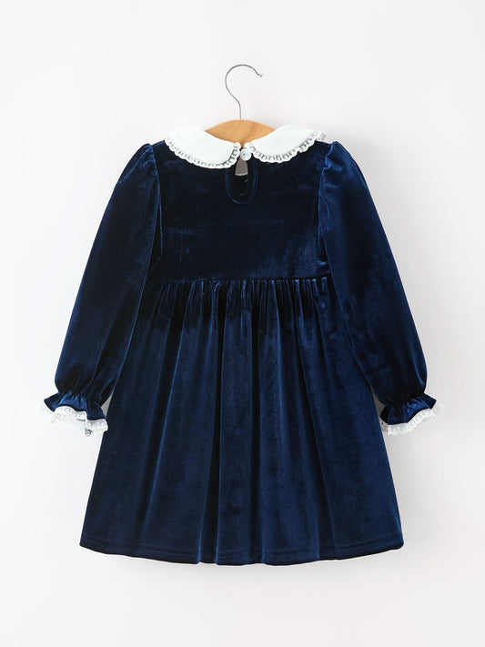 Christmas Tree Girls Navy Velvet Smocked Lace Dress -