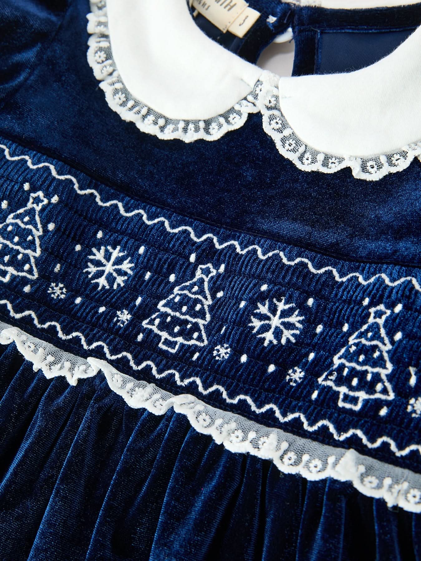 Christmas Tree Girls Navy Velvet Smocked Lace Dress -