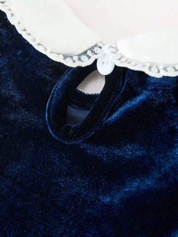 Christmas Tree Girls Navy Velvet Smocked Lace Dress -