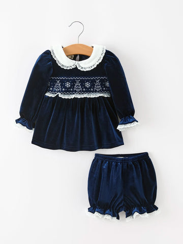 Girls Christmas Navy Velvet Smocked Top And Bloomers Outfit -