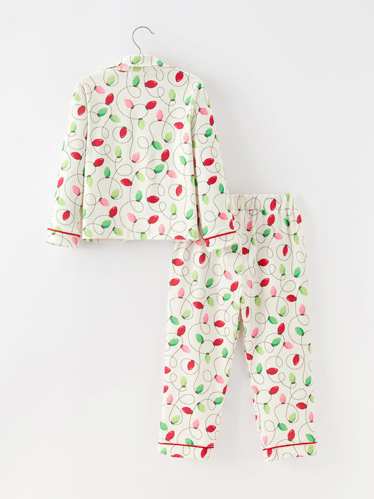 Christmas Lights Print Bow Tie Pajamas Set -