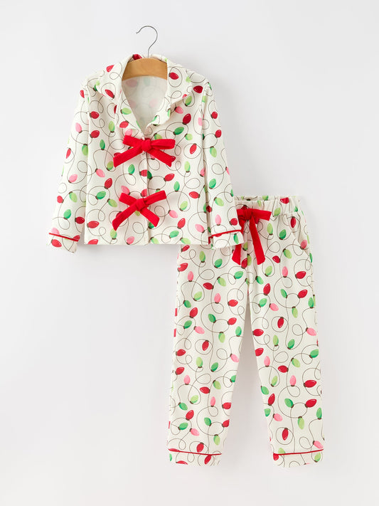 Christmas Lights Print Bow Tie Pajamas Set -