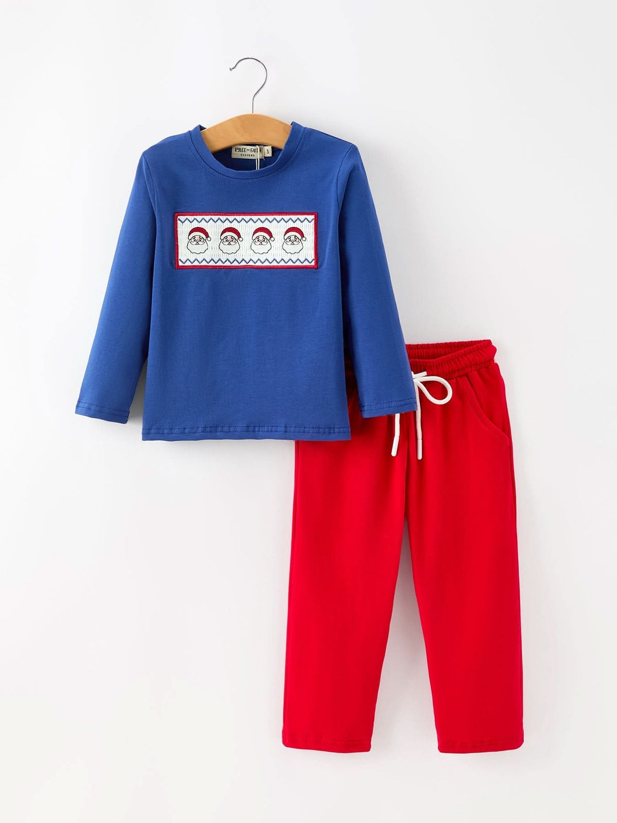 Christmas Santa Boys Blue Long Sleeve Shirt And Red Pants Set -