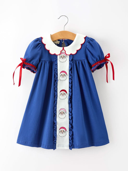 Christmas Santa Embroidery Blue Petal Collar Dress -
