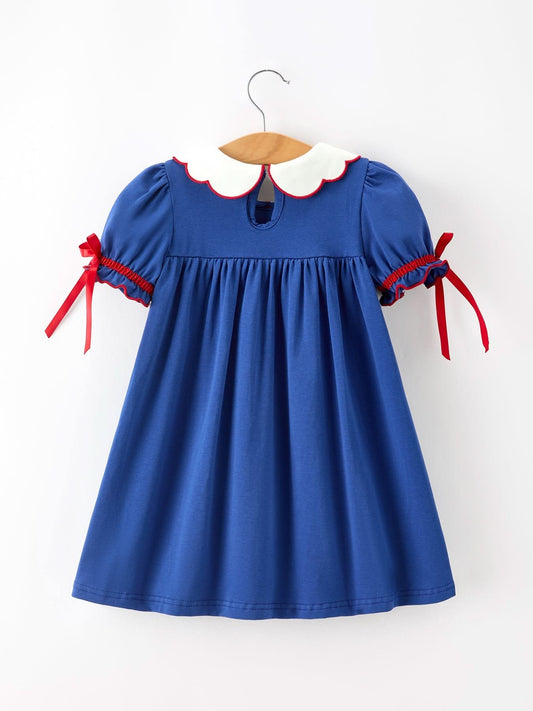Christmas Santa Embroidery Blue Petal Collar Dress -