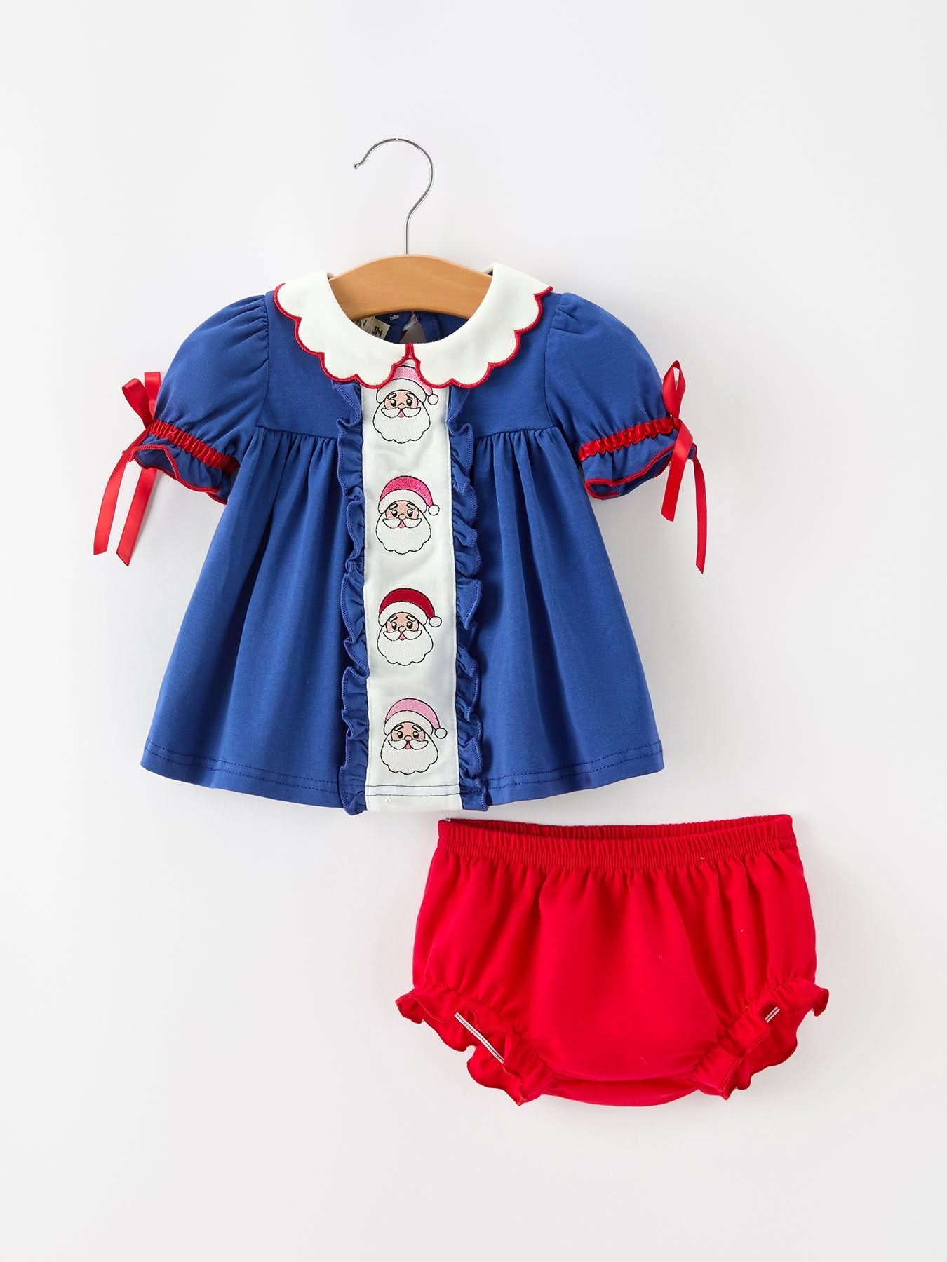 Christmas Santa Embroidery Girls Bloomer Set Peter Pan Collar -