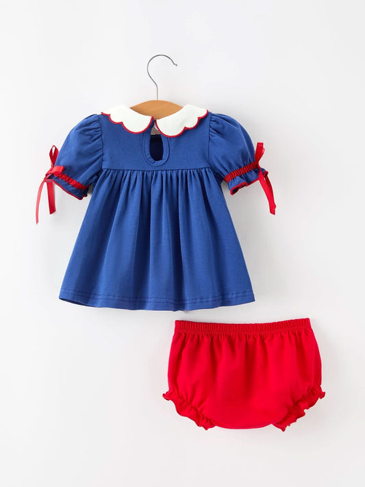 Christmas Santa Embroidery Girls Bloomer Set Peter Pan Collar -