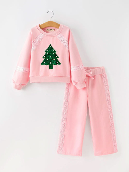 Christmas Tree Appliqué Girls Pink Sweatshirt And Pants Set -