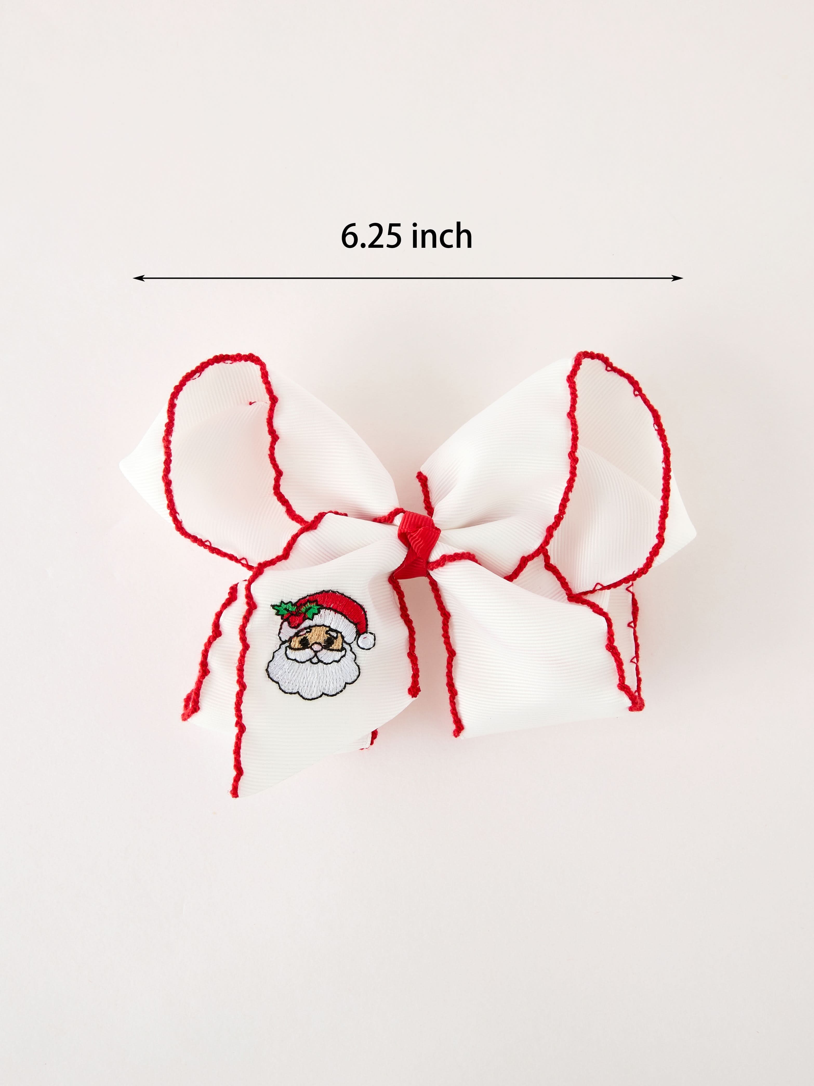 Girls' Christmas Santa Embroidered 6.25" Hair Bow – White/Pink - White