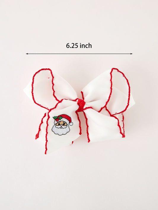 Girls' Christmas Santa Embroidered 6.25" Hair Bow – White/Pink - White