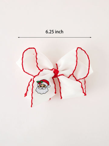 Girls' Christmas Santa Embroidered 6.25" Hair Bow – White/Pink - White