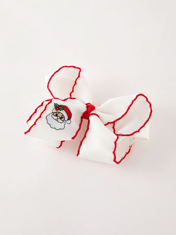 Girls' Christmas Santa Embroidered 6.25" Hair Bow – White/Pink -