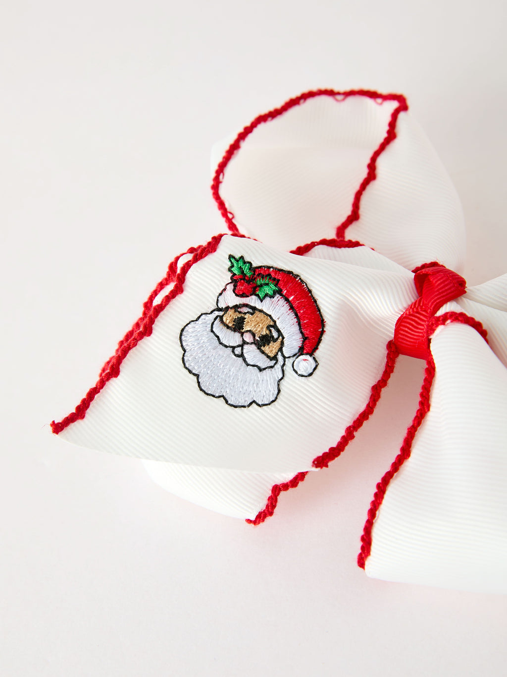 Girls' Christmas Santa Embroidered 6.25" Hair Bow – White/Pink -